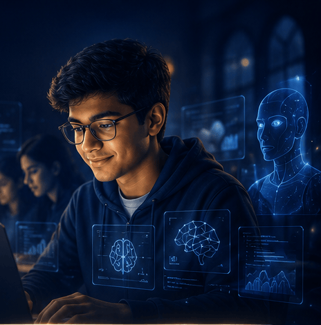 Student working on AI with holographic interfaces